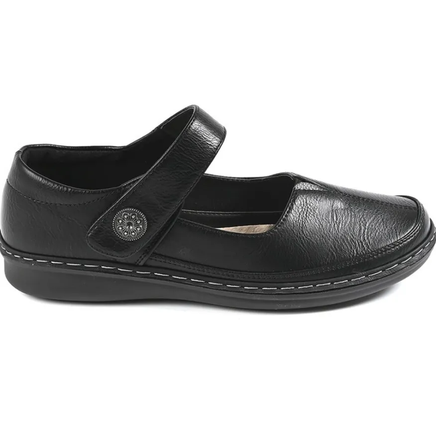 LADY CONFORT Ballerines A Brides Femme Noir Avec Boutons Fantaisies |Femme Chaussures Confort